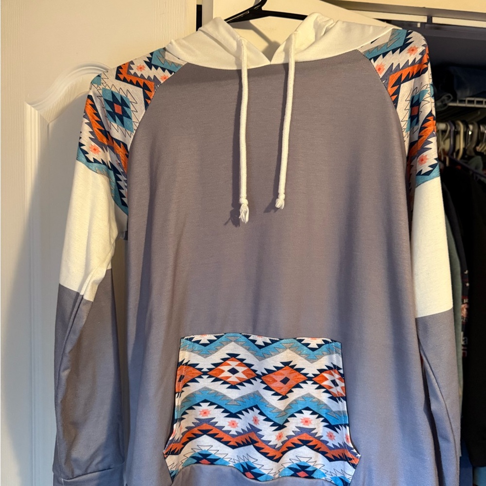 Gray Hooded Pullover with Aztec Print Accents